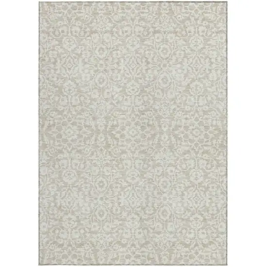 Beige And Ivory Damask Washable Indoor Outdoor Area Rug Photo 7