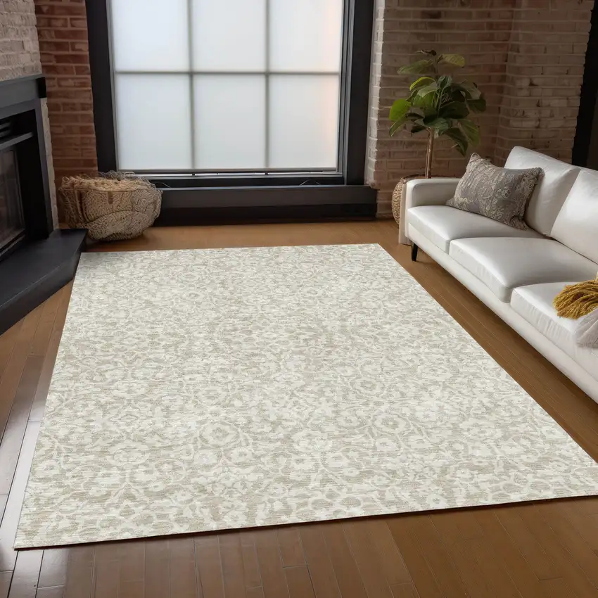 Beige And Ivory Damask Washable Indoor Outdoor Area Rug Photo 9