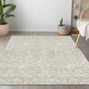 Photo of Beige And Ivory Damask Washable Indoor Outdoor Area Rug