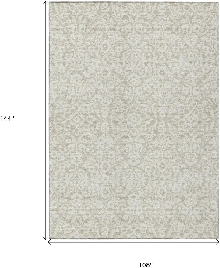 Beige And Ivory Damask Washable Indoor Outdoor Area Rug Photo 3