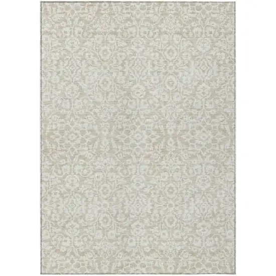 Beige And Ivory Damask Washable Indoor Outdoor Area Rug Photo 2