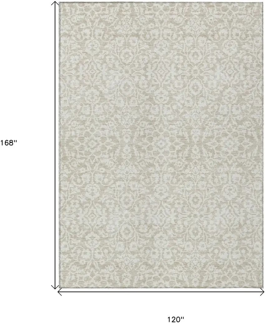 Beige And Ivory Damask Washable Indoor Outdoor Area Rug Photo 3