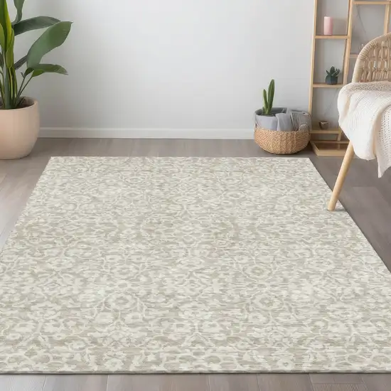 Beige And Ivory Damask Washable Indoor Outdoor Area Rug Photo 9