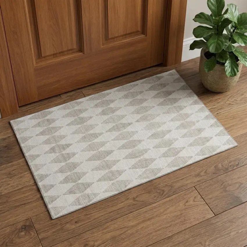 Beige And Ivory Diamond Washable Area Rug With UV Protection Photo 1