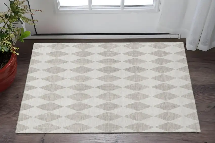 Beige And Ivory Diamond Washable Area Rug With UV Protection Photo 2