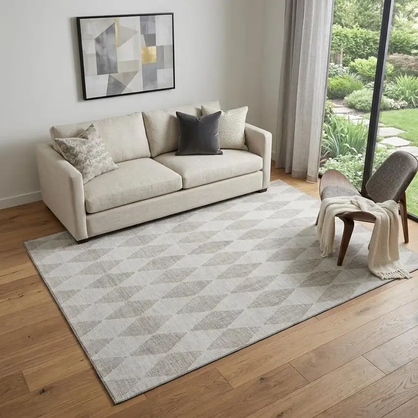 Beige And Ivory Diamond Washable Area Rug With UV Protection Photo 1