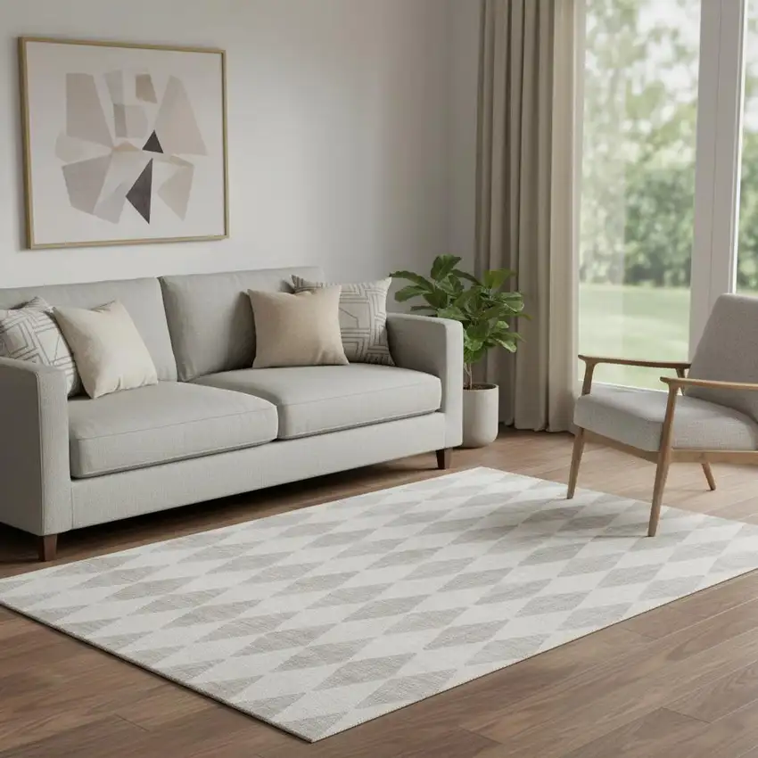 Beige And Ivory Diamond Washable Area Rug With UV Protection Photo 1