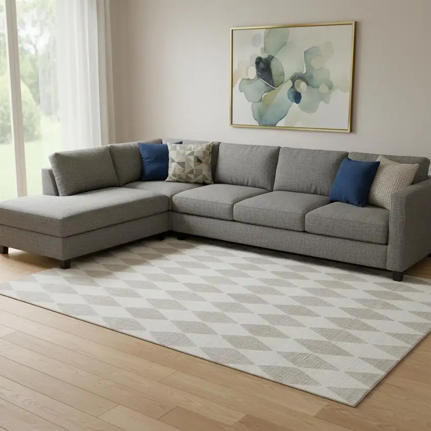 Beige And Ivory Diamond Washable Area Rug With UV Protection Photo 1