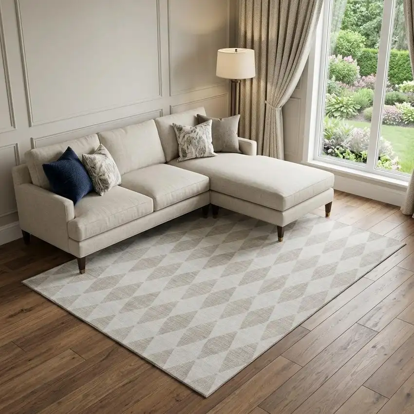 Beige And Ivory Diamond Washable Area Rug With UV Protection Photo 1
