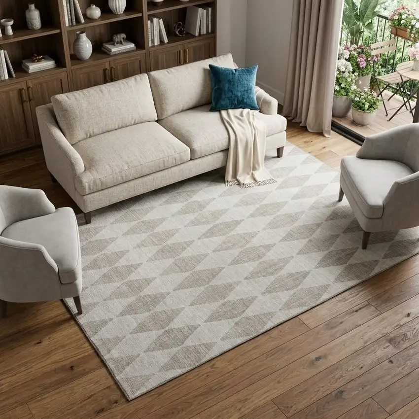 Beige And Ivory Diamond Washable Area Rug With UV Protection Photo 1