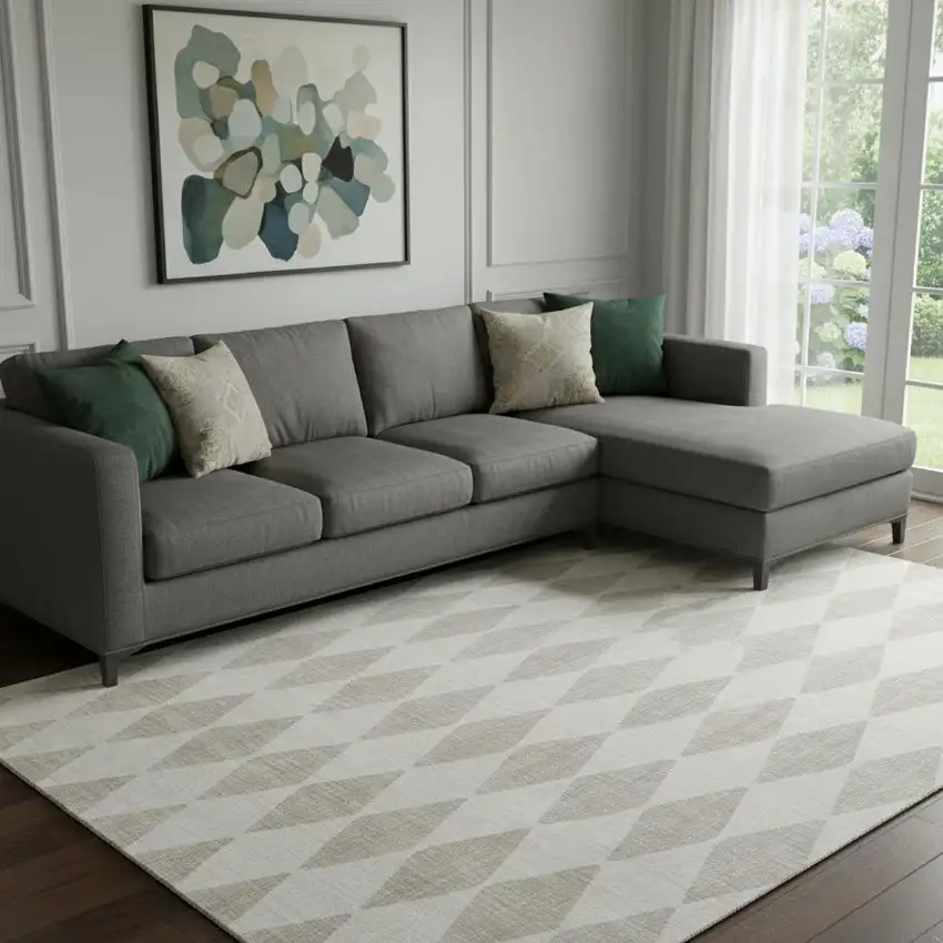 Beige And Ivory Diamond Washable Area Rug With UV Protection Photo 1