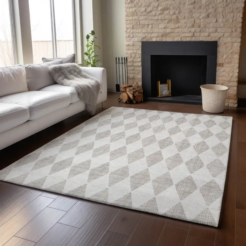 Beige And Ivory Diamond Washable Area Rug With UV Protection Photo 6