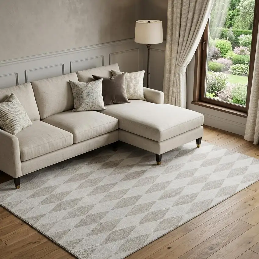 Beige And Ivory Diamond Washable Area Rug With UV Protection Photo 1