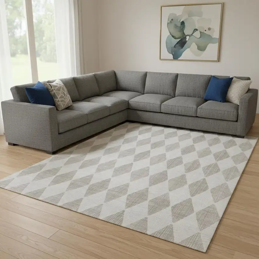 Beige And Ivory Diamond Washable Area Rug With UV Protection Photo 1