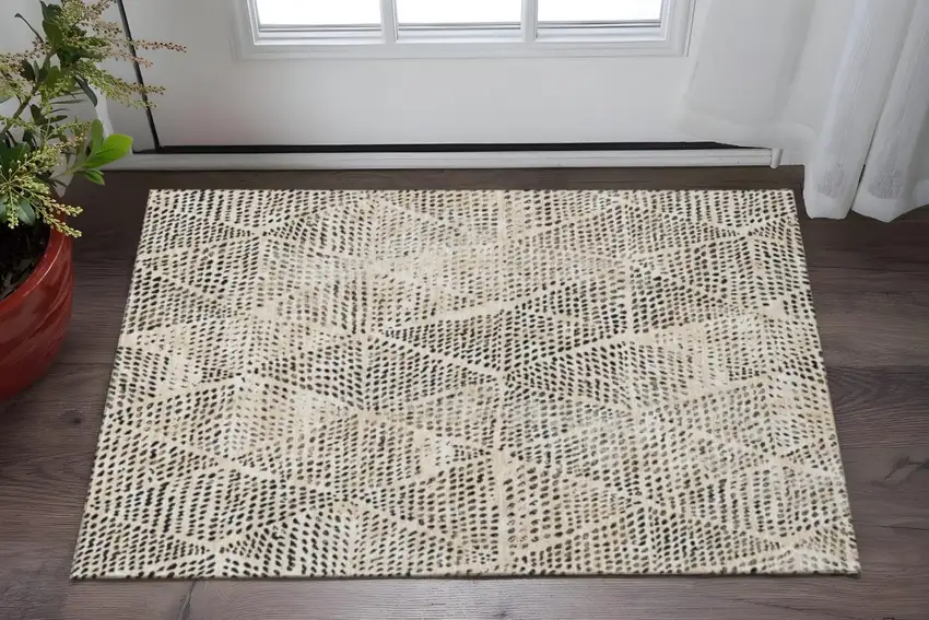 Beige And Ivory Diamond Washable Area Rug With UV Protection Photo 2
