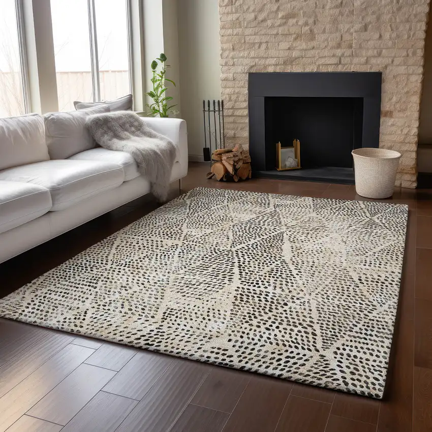 Beige And Ivory Diamond Washable Area Rug With UV Protection Photo 6
