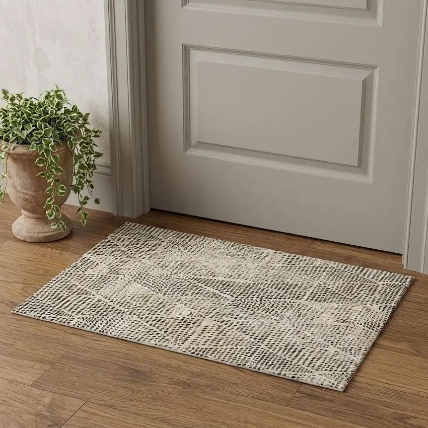 Beige And Ivory Diamond Washable Area Rug With UV Protection Photo 1