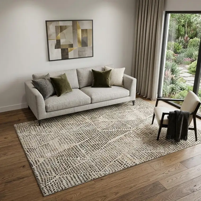 Beige And Ivory Diamond Washable Area Rug With UV Protection Photo 1