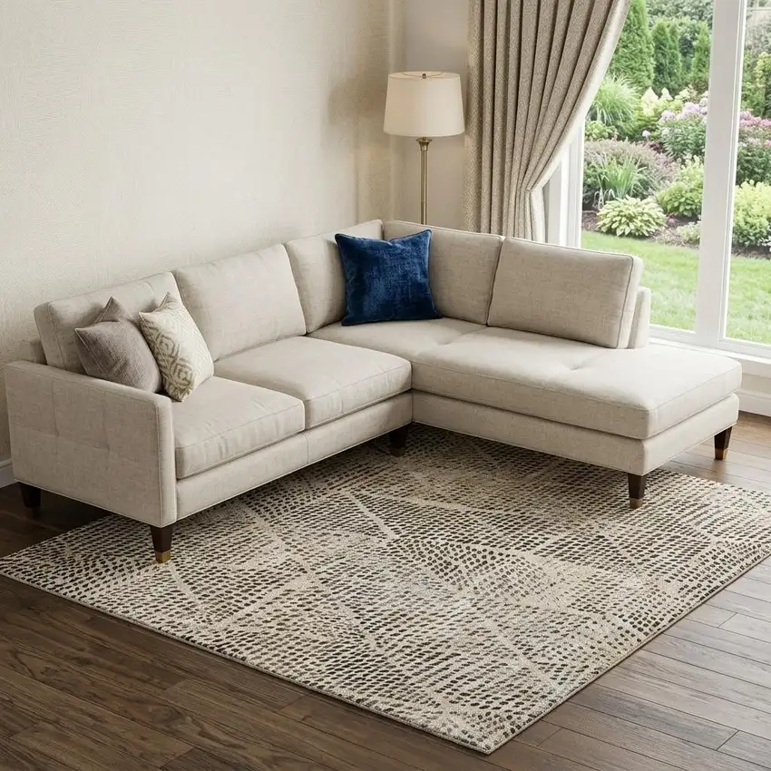 Beige And Ivory Diamond Washable Area Rug With UV Protection Photo 1