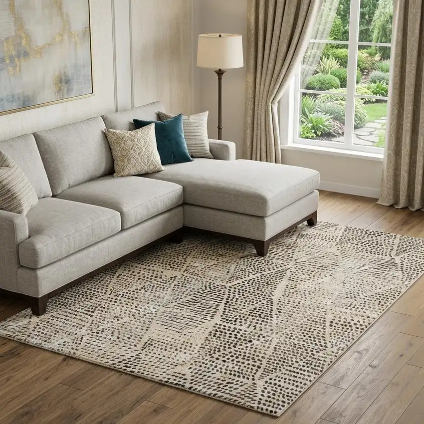 Beige And Ivory Diamond Washable Area Rug With UV Protection Photo 1