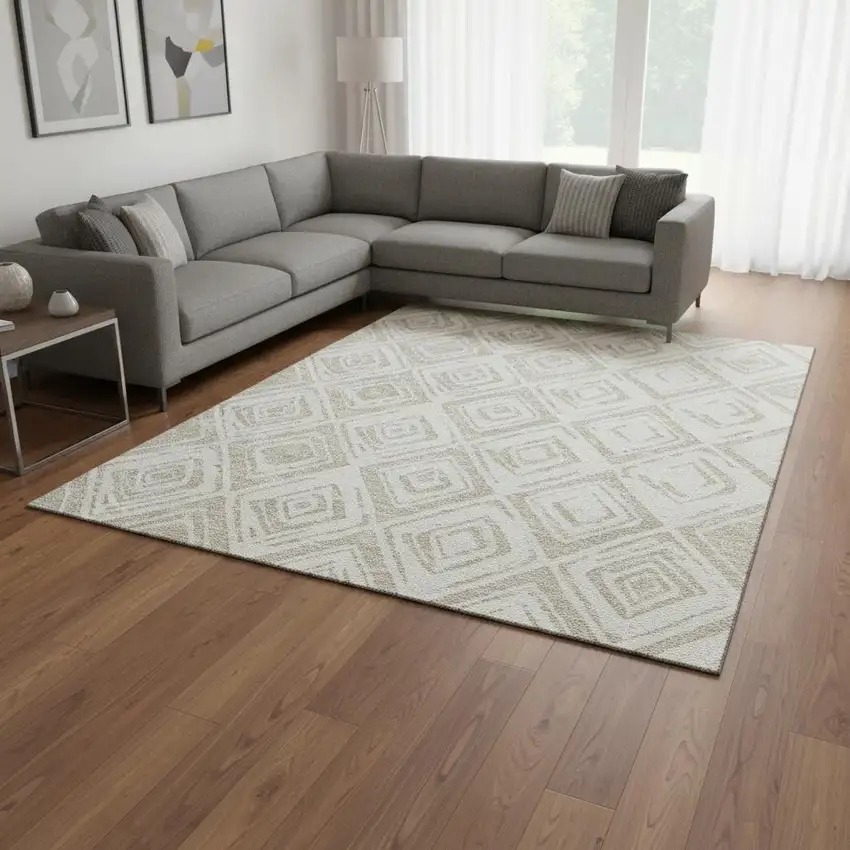 Beige And Ivory Diamond Washable Area Rug With UV Protection Photo 2