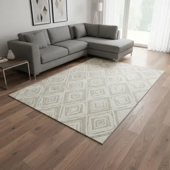 Beige And Ivory Diamond Washable Area Rug With UV Protection Photo 2