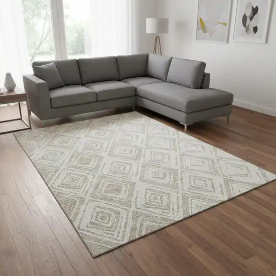 Beige And Ivory Diamond Washable Area Rug With UV Protection Photo 2