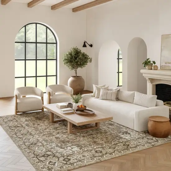 Beige And Ivory Floral Distressed Area Rug Photo 3