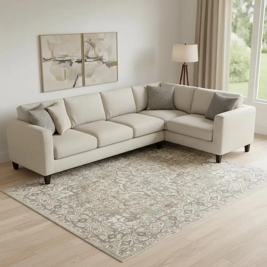 Beige And Ivory Floral Distressed Area Rug Photo 1