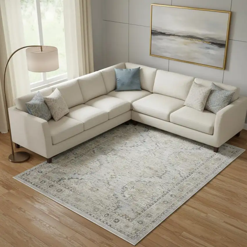 Beige And Ivory Floral Distressed Area Rug Photo 1