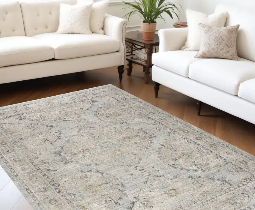 Beige And Ivory Floral Distressed Area Rug Photo 1