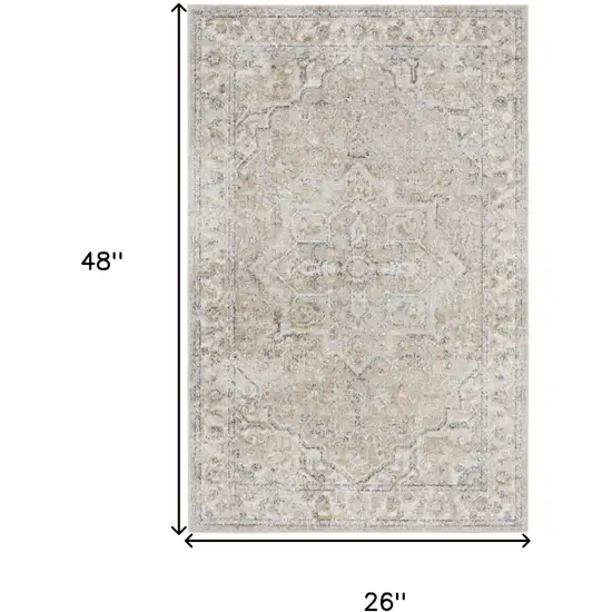 Beige And Ivory Floral Medallion Washable Area Rug Photo 3