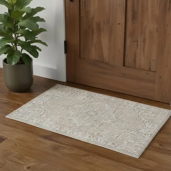 Beige And Ivory Floral Medallion Washable Area Rug Photo 1