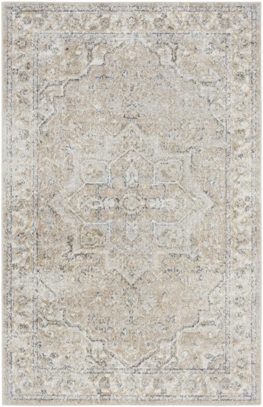 Beige And Ivory Floral Medallion Washable Area Rug Photo 8