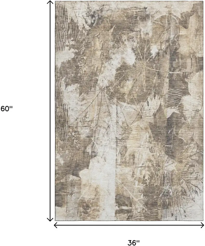 Beige And Ivory Floral Washable Area Rug With UV Protection Photo 3