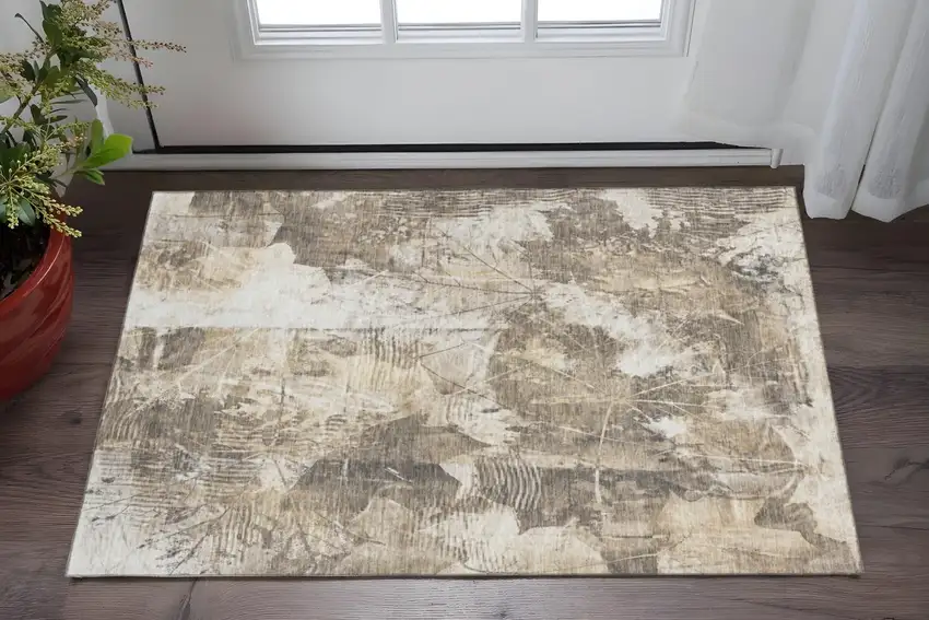 Beige And Ivory Floral Washable Area Rug With UV Protection Photo 2