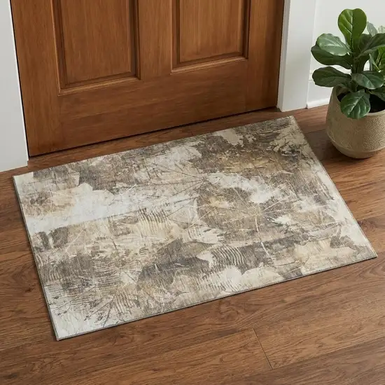 Beige And Ivory Floral Washable Area Rug With UV Protection Photo 1