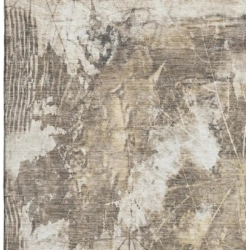 Beige And Ivory Floral Washable Area Rug With UV Protection Photo 4