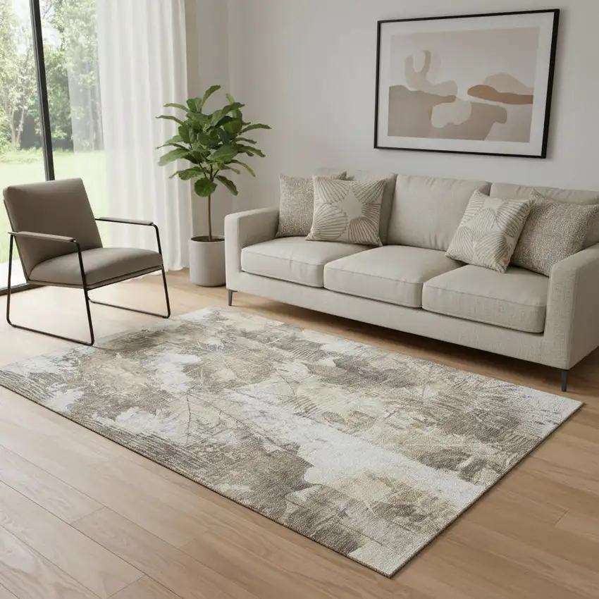 Beige And Ivory Floral Washable Area Rug With UV Protection Photo 1