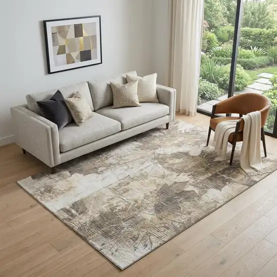 Beige And Ivory Floral Washable Area Rug With UV Protection Photo 1