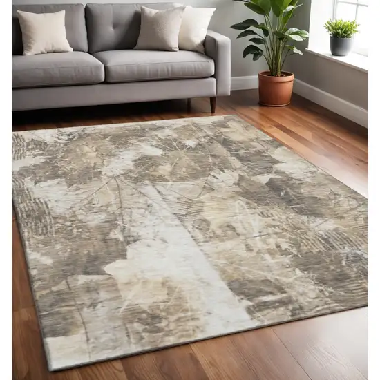Beige And Ivory Floral Washable Area Rug With UV Protection Photo 2
