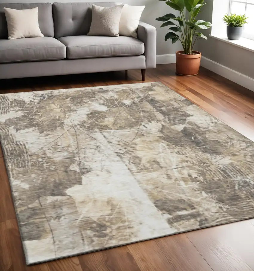 Beige And Ivory Floral Washable Area Rug With UV Protection Photo 2