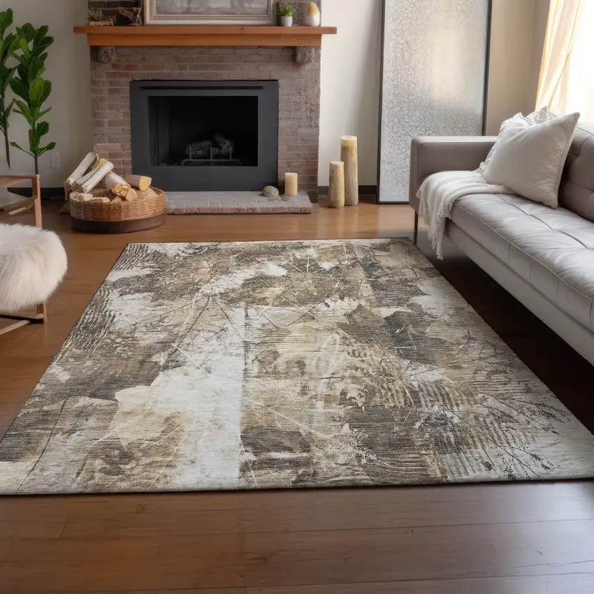 Beige And Ivory Floral Washable Area Rug With UV Protection Photo 6