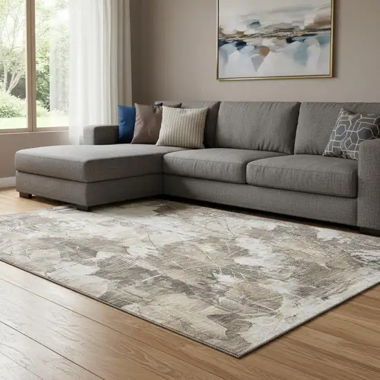 Beige And Ivory Floral Washable Area Rug With UV Protection Photo 1