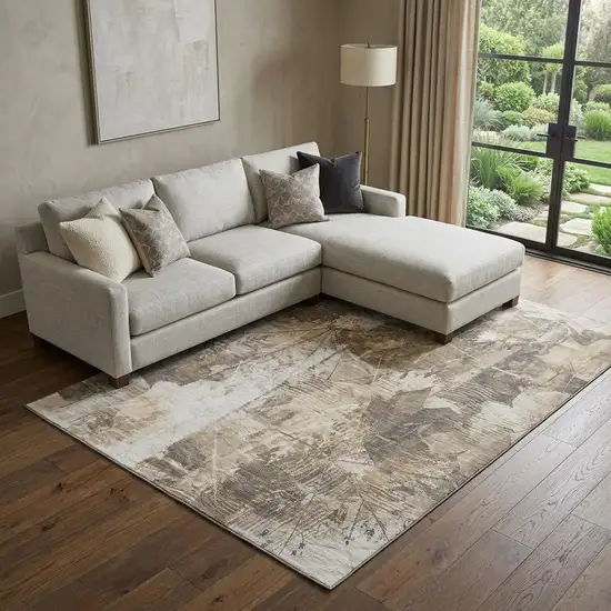Beige And Ivory Floral Washable Area Rug With UV Protection Photo 1