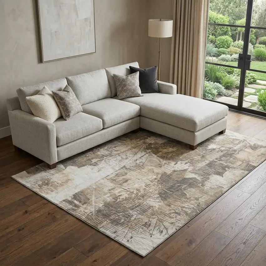 Beige And Ivory Floral Washable Area Rug With UV Protection Photo 1