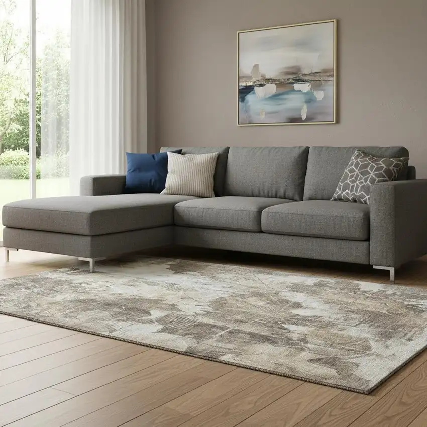 Beige And Ivory Floral Washable Area Rug With UV Protection Photo 1