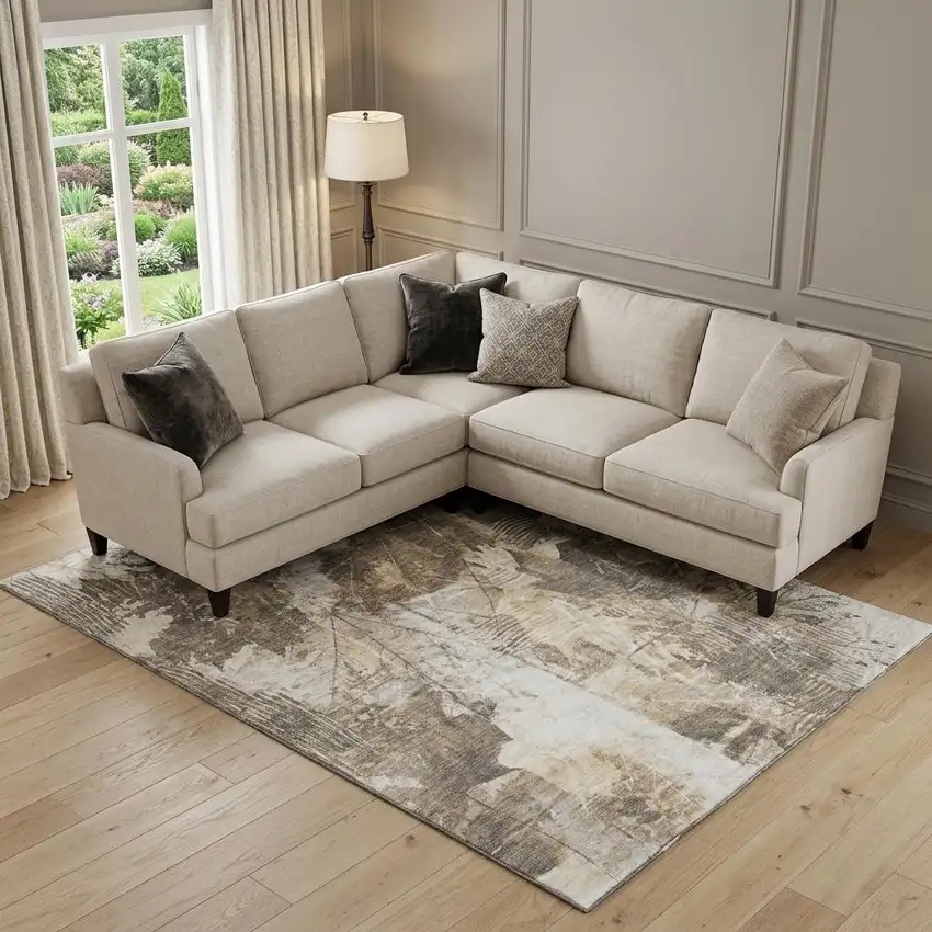 Beige And Ivory Floral Washable Area Rug With UV Protection Photo 1