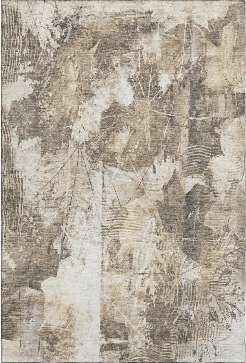 Beige And Ivory Floral Washable Area Rug With UV Protection Photo 1