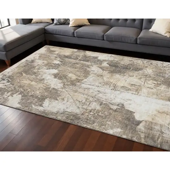 Beige And Ivory Floral Washable Area Rug With UV Protection Photo 2